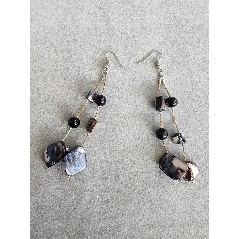 Abalone Shell Natural Chunk Dangle Earrings Mixed Metal Gold & Silver Tones